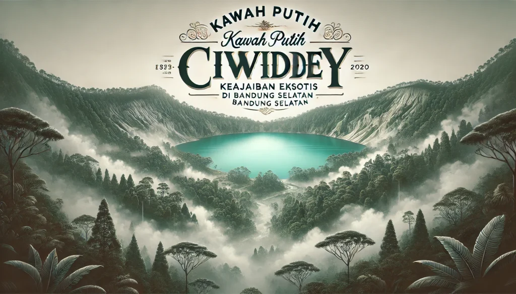 Danau kawah Kawah Putih Ciwidey dengan air biru kehijauan dan suasana vulkanik berkabut.